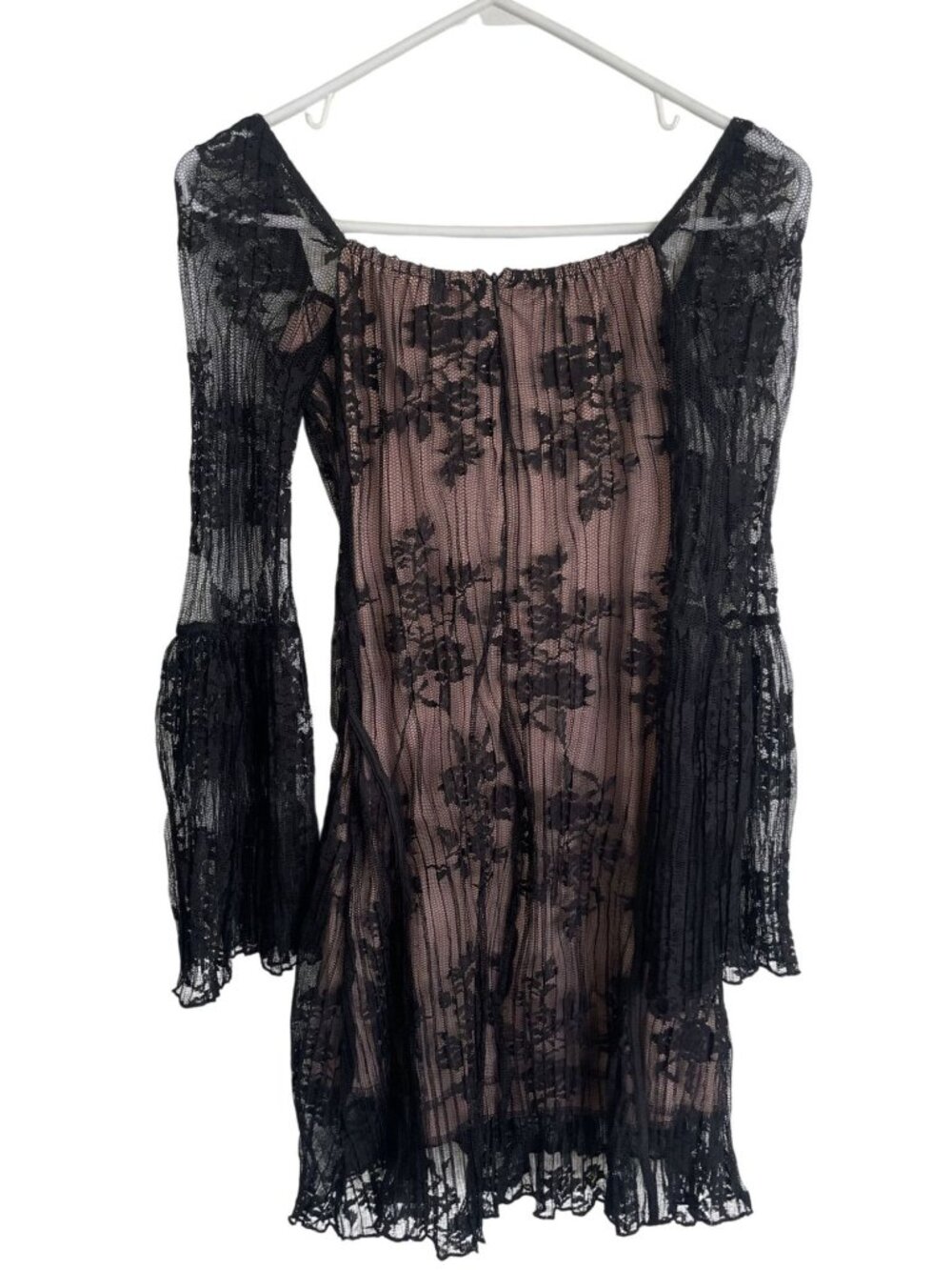 Black & Nude Floral Lace Long-Sleeve Mini Dress With Flared Sleeves